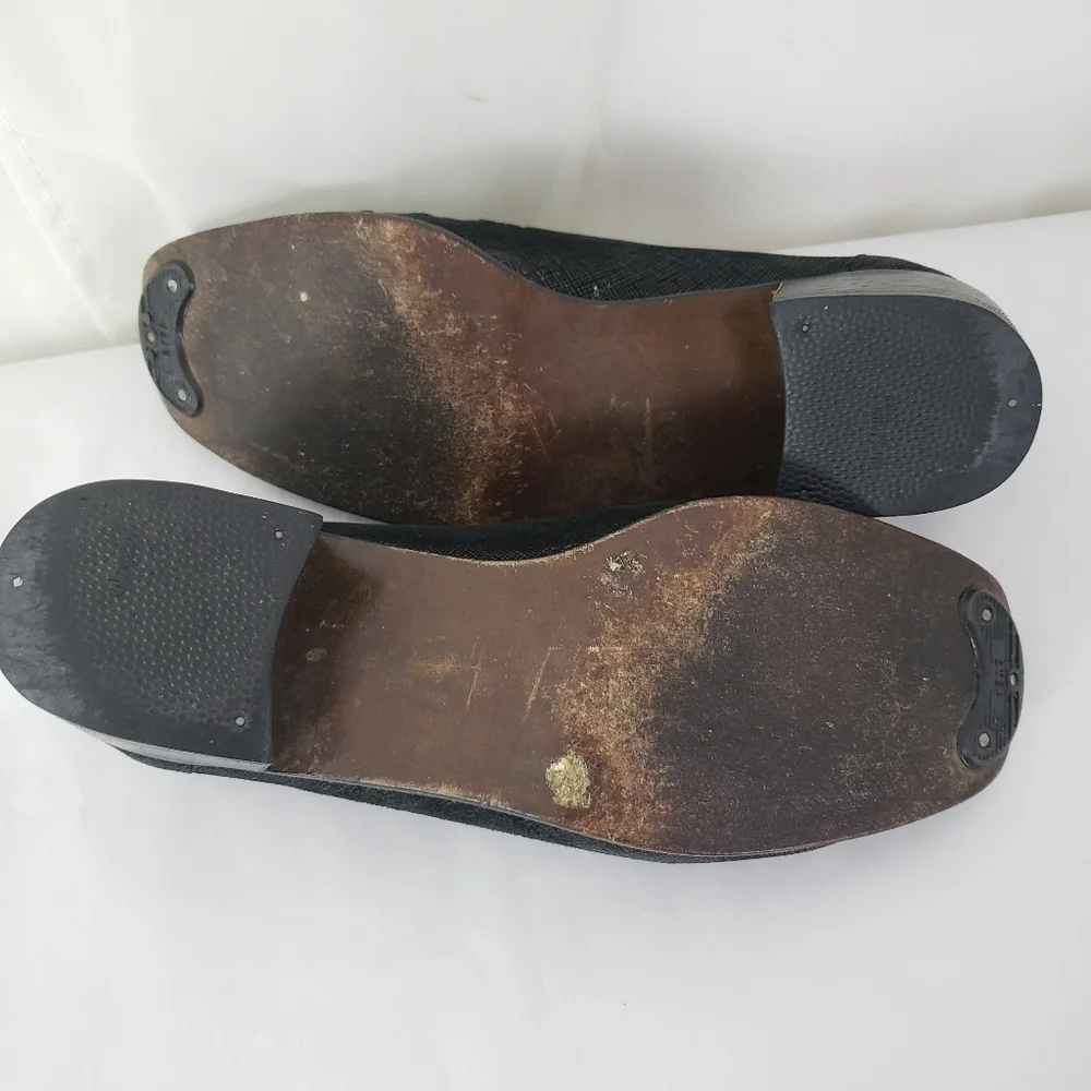 Stuart Weitzman black suede and leather chunky heel loafer metallic sheen 7.5